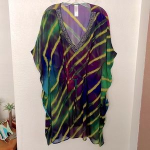 SWIM COVERUP W/ BEADED NECKLINE SZ S/M 36 INCH TOTAL LENGTH NWOT EXCELLENT COND.
